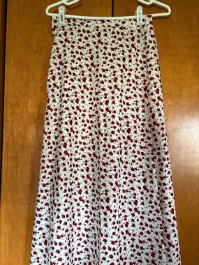 Women's Cream Midi Skirt with Red Floral Print